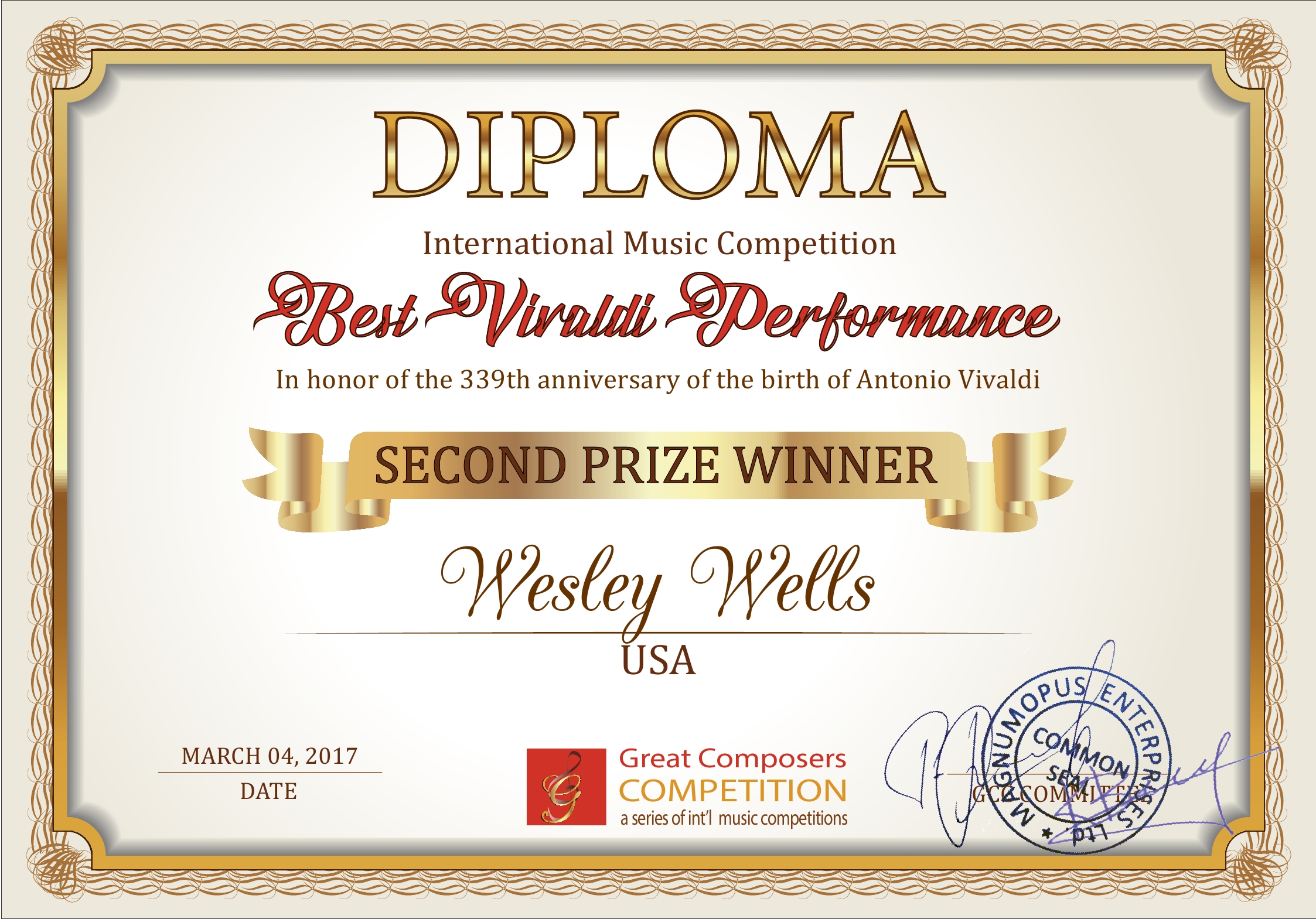 Wesley Wells 2nd place international violin competition